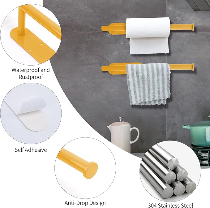 YeeBeny Yellow Paper Towel Holder - Self Adhesive or Drilling, Under Cabinet & Wall Mounted Roll Holder for Kitchen