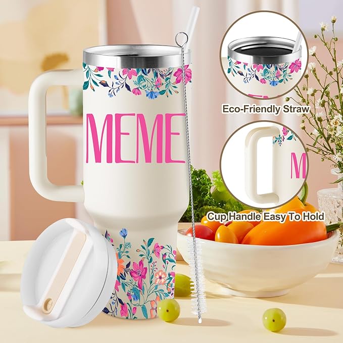 ROSTANTEN Meme Gifts Mothers Day Gifts for Meme from Grandkids for Birthday Christmas 40oz Travel Cup Insulated Tumbler with Lid & Straw