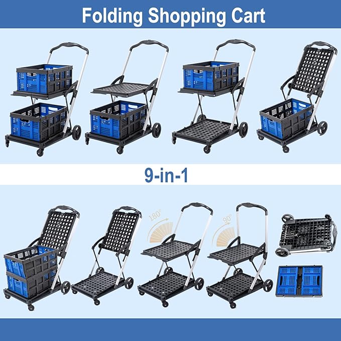 Collapsible Shopping Cart with Wheels,2 Tier Multi Use Foldable Shopping Cart with 2 Storage Crates,Folding Shopping Trolley Utility Cart for Office,Groceries, Warehouse,Supermarket,Picnic (Blue)