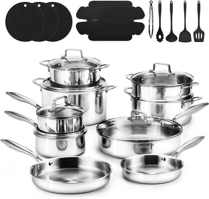 CAROTE 30 PCS Tri-Ply Stainless Steel Cookware Set, Pots and Pans Set, Non Toxic Induction Kitchen Cooking Sets, Cookware Collection, Silver