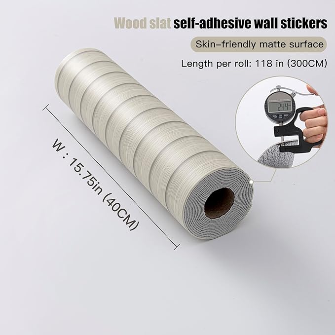 Peel and Stick PVC Slat Wall Panels, Wood Grain Self-Adhesive Soundproof Moisture-Resistant Paneling, 3D Faux Wood Panels for Bedroom Bathroom Walls & Ceilings 118"x15.75"(Off-White,13Sq.ft)