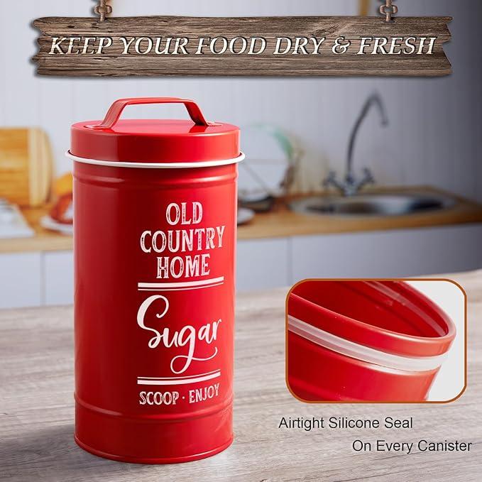 DAYYET Red Canisters for Kitchen Counter, Airtight Kitchen Canisters for Countertop, Flour and Sugar Containers, Tea Coffee Sugar Canister Set, Red Kitchen Decor and Accessories, Set of 4