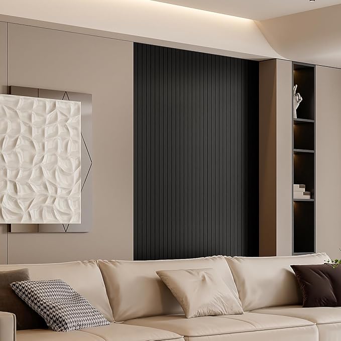 YLL YLL PVC Slat Wall Panel Peel and Stick 236"x 15.7" Faux Black Wood Grain Slat Panel Self-Adhesive Wallpaper Soundproof 3D Wall Panels