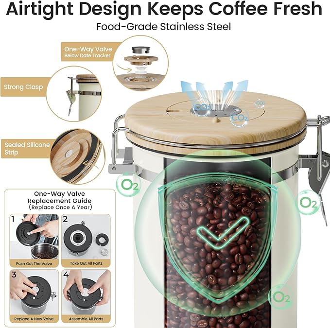 Veken Coffee Sugar Canister with Window, Mothers Day Gifts For Women,Airtight Stainless Steel Kitchen Food Storage Container, Date Tracker & Scoop for Grounds Coffee, Beans,Tea,Flour,Cereal,22OZ,Cream