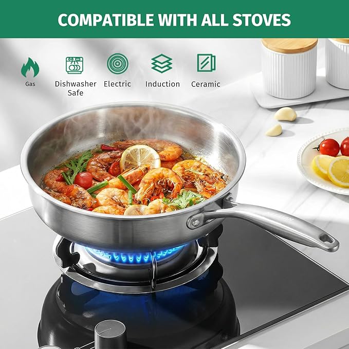 12 Inch Stainless Steel Pan, 5pcs Tri-Ply Stainless Steel Frying Pan with Lid, Dishwasher & Oven Safe, Induction Cooking Skillets, Fast & Even Heat and Detachable Handle