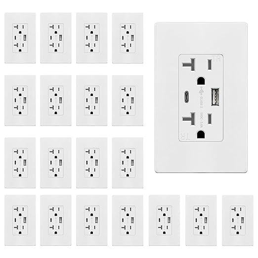 TOPGREENER USB Outlet, Type C & Type A USB Wall Outlet, 20 Amp Tamper-Resistant Receptacle, Charging Power Outlet with USB Ports, Wall Plate Included, UL Listed, TU22036AC-WWP-20PCS, White, 20 Pack