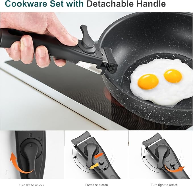 NEWBULIG 12-Piece Nonstick Cookware Set, Detachable Handle Pots and Pans, Induction Compatible Cookware, Dishwasher & Oven Safe, Space-Saving Kitchen Set, Black