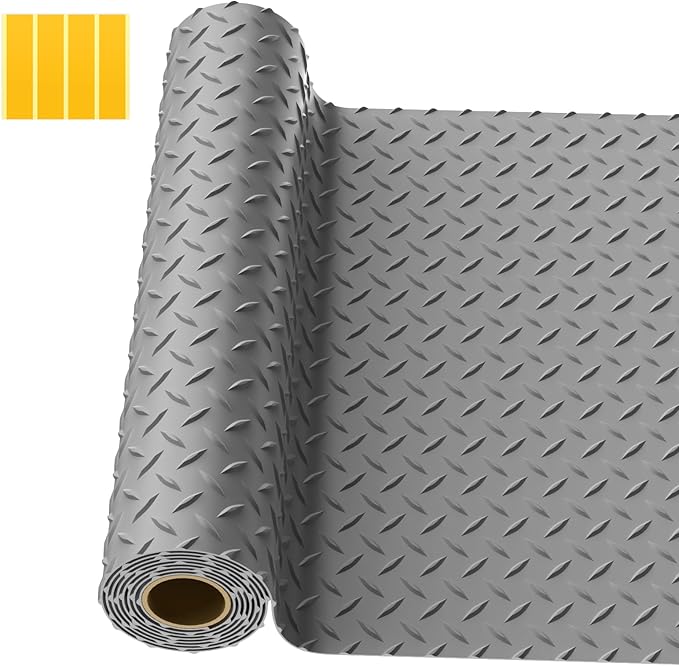 4x6 FT Garage Floor Mat, 2.8mm Thickened PVC Flooring Roll for Under Car, Golf Cart Parking Mat, Diamond Plate Gray Motorcycle Mat for Warehouse, Basement, Gyms, Trailer（Included Tapes）