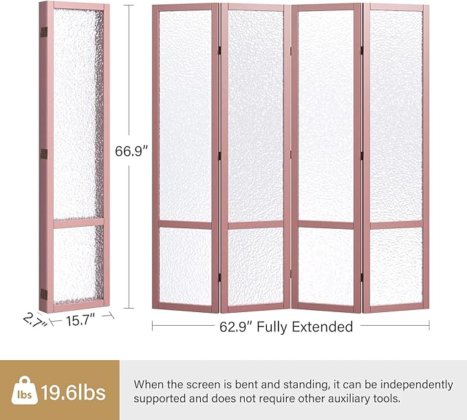 4 Panel Acrylic Room Divider Privacy Screen - Freestanding Frosted Translucent Partition, Lightweight Modern for Home Office Studio (Pink, 4 Panels)