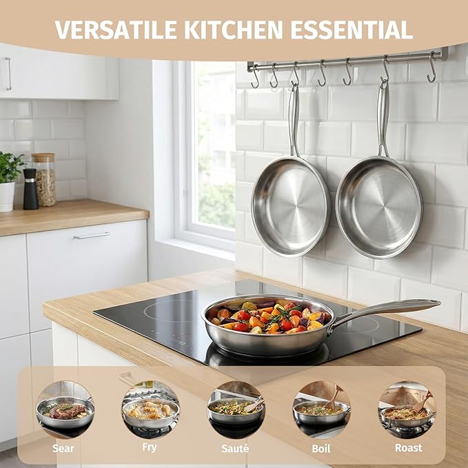 Tri-Ply Stainless Steel Frying Pan Set With Lids, 13pcs Stainless Steel Cookware Set with Detachable Handle, Induction Compatible Skillets for All Stovetops, Dishwasher and Oven Safe, Sliver