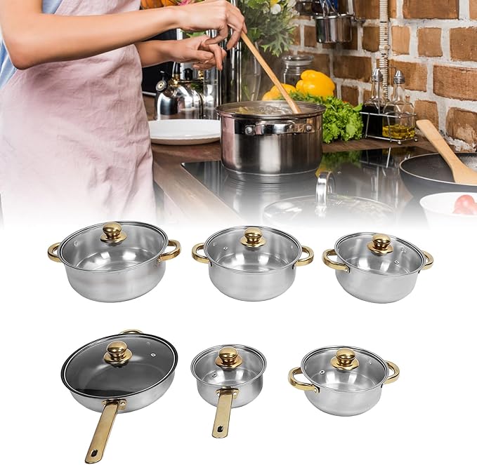 12pcs Pots and Pans Set, Stainless Steel Induction Kitchen Cookware Set with Detachable Handle, Dishwasher Non Stick Cooking Set with Frying Pan, Saucepans, Stockpots (Gold