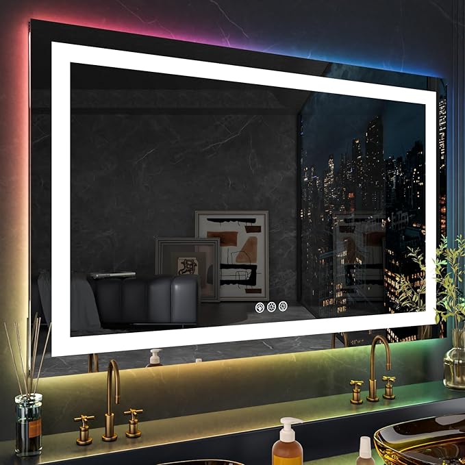 LOAAO 60"X28" RGB LED Bathroom Mirror with Lights, Anti-Fog, Dimmable, Lighted Bathroom Vanity Mirror, Multiple Light Modes, RGB Backlit + Front Light, Memory Function, Tempered Glass, ETL Listed