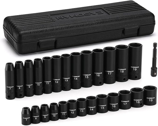 CASOMAN 27 Pieces 3/8-Inch Drive Impact Socket Set, Deep & Shallow, Metric (7mm - 19mm), 6 Point, CR-V Steel
