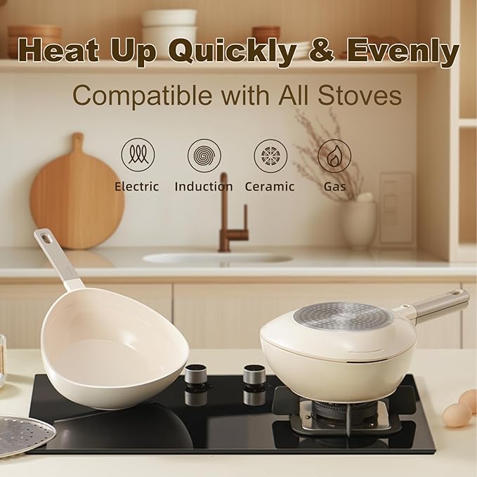 3QT Multipurpose Ceramic Sauce Pan/Saucepan - Reversible Skillet Lid, Steamer & Dual Strainers, Space-Saving Nesting, For All Stovetops & Dishwasher Safe