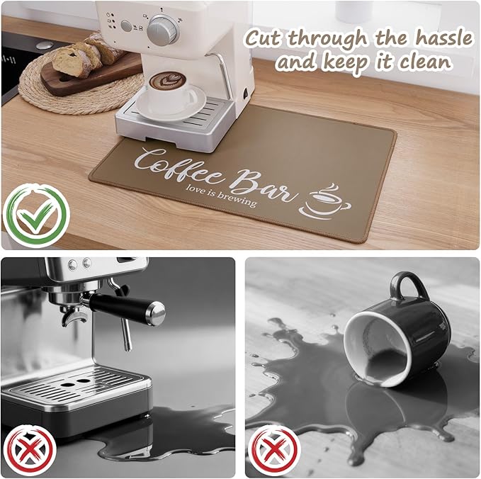 SHACOS Coffee Mat 2 Pack 12x19 Inch Absorbent Non Slip Rubber Bar Accessories Coffee Maker Mat for Countertop Dish Drying Mat Heat Resistant, Brown