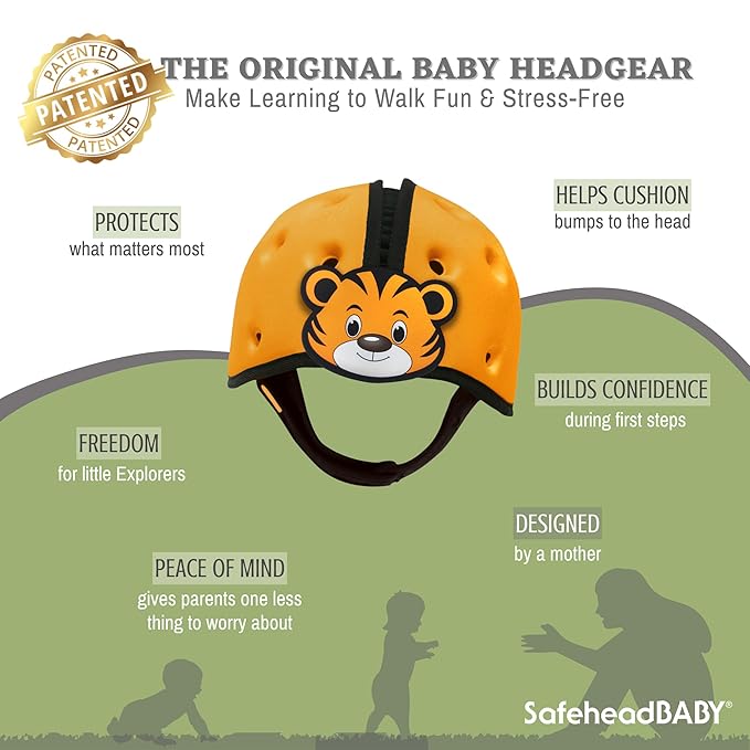 SafeheadBABY Soft Baby Head Protector Helmet for Crawling and Walking 7–24 Months – Ultra-Lightweight & Breathable Infant Safety Helmet that Grows with Your Baby (Head Circ. 40–52 cm) – Tiger Orange