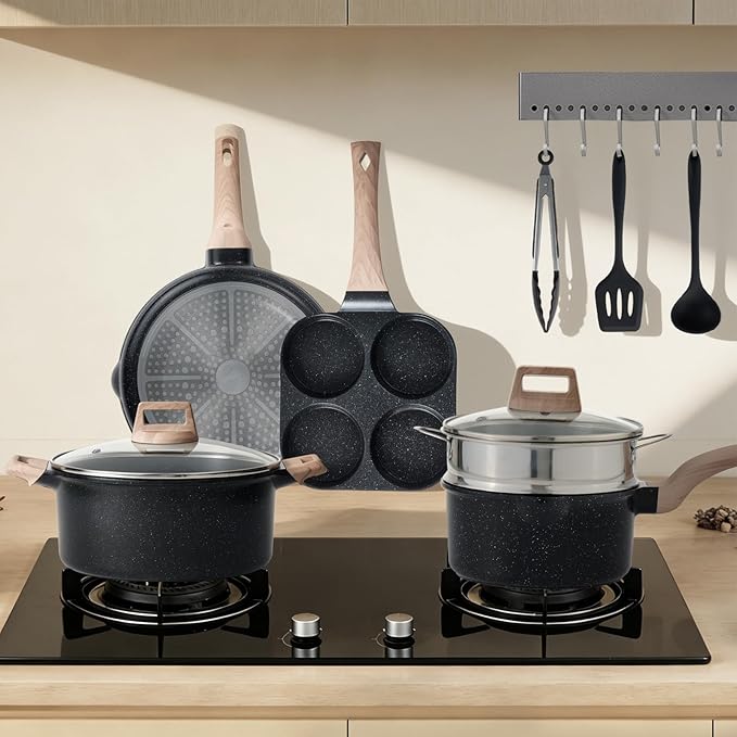 Sweetcrispy Pots and Pans Set, 25 Pcs Nonstick Cookware Set, Induction Kitchen Cooking Set, Non-Toxic Frying Pans & Saucepans (PFOA/PFOS Free) Black