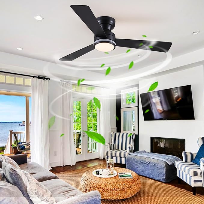 Asyko 46" Black RGB Ceiling Fans with Lights and Remote,Low Profile Ceiling Fans with Quiet Reversible DC Motor,Modern Flush Mount Ceiling Fan Light for Bedroom Kids Room
