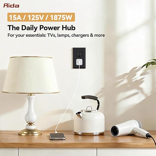 AIDA 1 Pack Black Standard Duplex Electrical Wall Receptacle Outlet, 15A 125V, 2 Pole 3 Wire, Tamper Resistant, NEMA 5-15R, Self-Grounding, Wall Plate Included, UL Listed