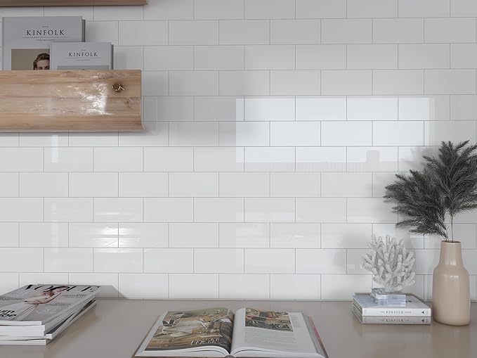 COLAMO Luxury 6"×12" Swatch Peel and Stick Backsplash,Glossy Pure White Backsplash for Kitchen Wall,Self Adhesive Faux Marble Tile, Stick on Accent Wall Brick Tile for Bedroom,RV,Laundry