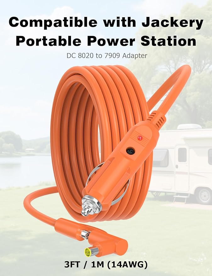 3FT Car Charging Cable 14AWG Compatible with Jackery Portable Power Stations, Explorer 3000 Pro/2000 Plus/1500/1000 v2, DC8020 & DC7909 Plug, Car Cigarette Lighter Charging Cable