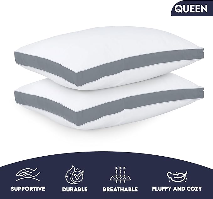 Utopia Bedding Bed Pillows for Sleeping Queen Size (Grey), Set of 2, Soft & Fluffy Pillow with Down Alternative Filling, Cooling, Hotel Quality, Gusseted Pillow for Back, Stomach or Side Sleepers