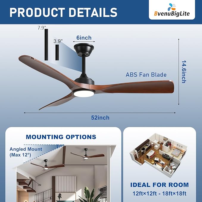 Outdoor Ceiling Fan with Light: 52 Inch 3 Blade Outdoor Fans for Patios - Modern Walnut Ceiling Fan with Dimmable Light Remote Control Ultra Quiet Reversible DC Motor Timer