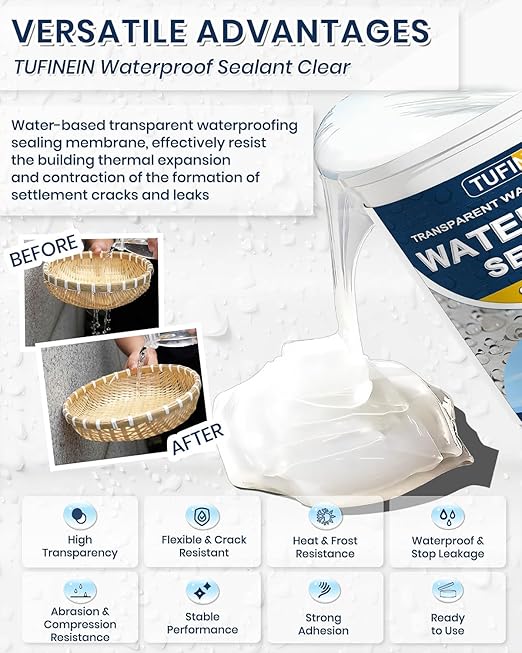 Transparent Waterproof Coating, TUFINEIN 10.6oz Invisible Waterproof Agent Indoor & Outdoor Sealant Water-Based Clear Sealant Roofs, Walls, Garden, Terraces