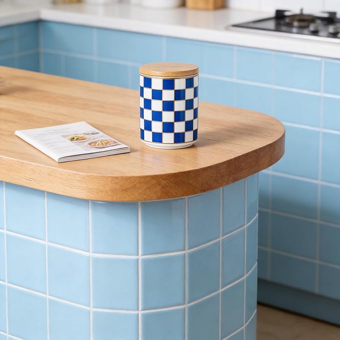 Kitchen Countertop Ceramic Checkered Canisters,Black And White Food Storage Containers With Lid,Airtight Kitchen Canisters for Flour, Sugar, Coffee, Tea, and Dry Goods (Blue, Small)