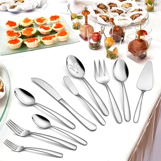 LIANYU 45-Piece Heavy Duty Silverware Set with Serving Utensils, Stainless Steel Flatware Cutlery Set for 8, Eating Utensils Tableware Include Forks Knives Spoons, Mirror Finished, Dishwasher Safe