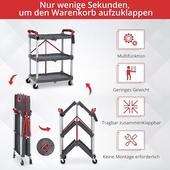 3 Tier Folding Utility Cart with Wheels, 168 LBS Total Load Capacity, Collapsible Service Cart for Garage, Workshop and Office, Portable Aluminum Alloy Rolling Tool Cart, Grey