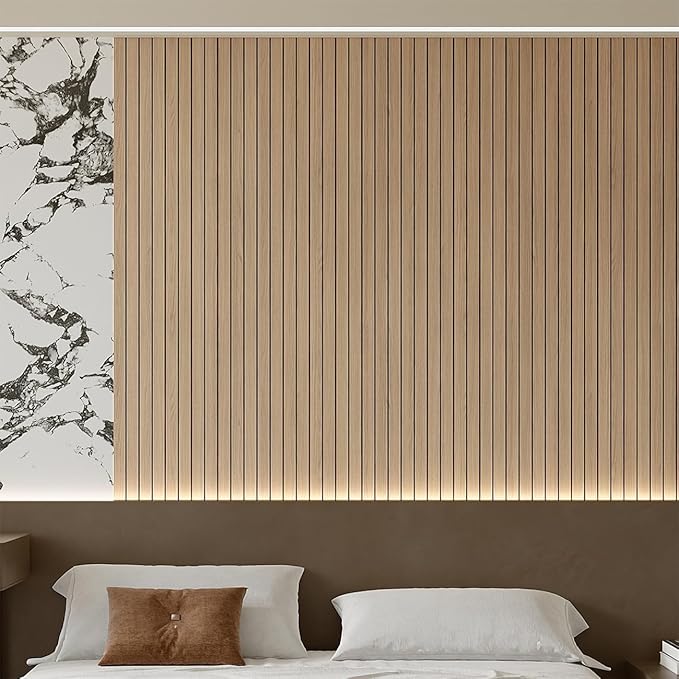 Yutianli PVC Slat Wall Panel Peel and Stick 236"x 15.7" Faux Wood Slat Panel Artificial Oak Wood Grain Self-Adhesive Soundproof 3D Wall Panel for Walls and Ceilings