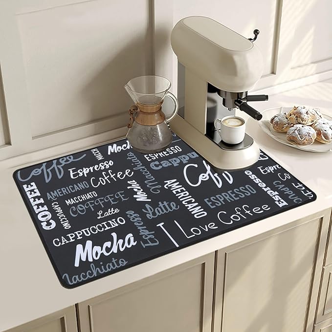 SHACOS Coffee Mat 2-Pack 12x19 Inch Absorbent Non Slip Coffee Maker Mats for Countertop Coffee Bar Accessories Dish Drying Mat Waterproof Heat Resistant, Chalkboard Black