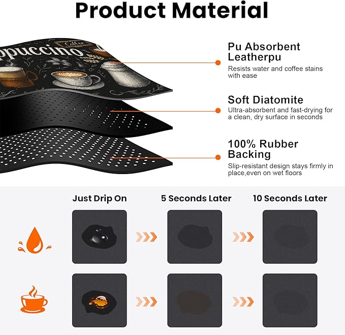 Coffee Mat 17"x32" - Extra Large Absorbent Non Slip Dish Drying Mat,Coffee Bar Accessories,Kitchen Counter Protector for Coffeemaker, Sink, Dining Decor