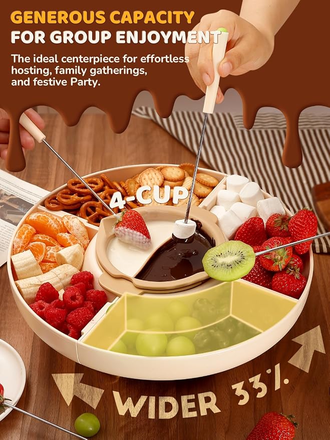 Electric Chocolate Fondue Set, 4-Cup Chocolate, Rotating Tray | Melt & Warm Modes, Dual Silicone Inserts, 6 Color-Coded Forks, Easy-Clean, Ideal for Candy Melts, Couple Family & Date Night