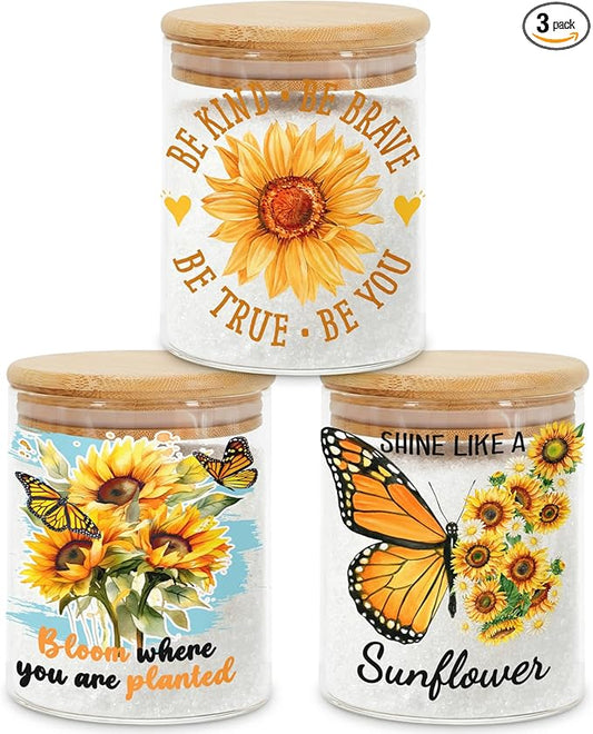 3 Pcs Sunflower Glass Storage Jars with Airtight Lids Sunflower Inspirational Candy Cookie Jars Gift Summer Floral Motivational Kitchen Decor Canister Yellow Floral Kitchen Containers Set