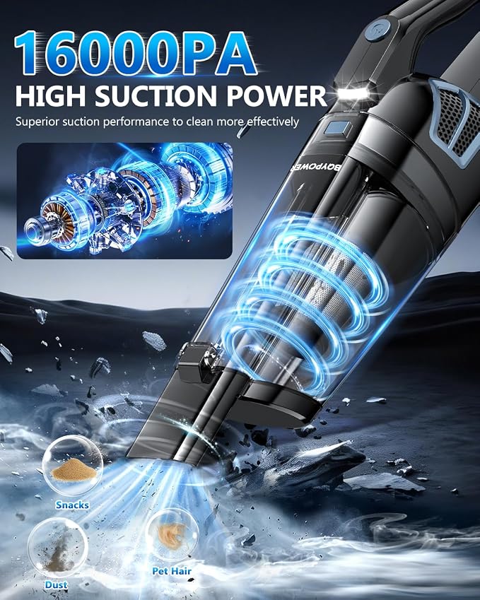 BQYPOWER Handheld Vacuum Cordless Rechargeable, Portable Car Vacuum Cleaner | 16000PA Strong Suction Hand Held Vacuum Cordless with Multiple Accessories, Portable Mini Car Vacuum Cleaner for Car Home