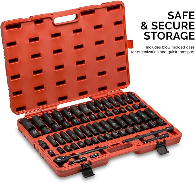 NEIKO 02448A 1/2" Drive Master Impact Socket Set, 65 Piece, Standard SAE (3/8"-1-1/4") & Metric (10-24 mm) Sizes, Deep & Shallow Kit, Includes Adapters & Ratchet Handle