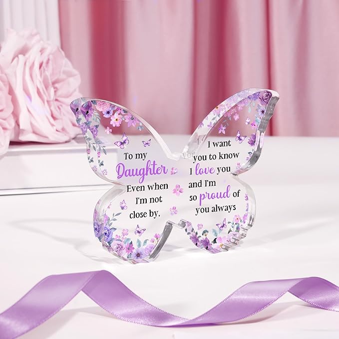 Mothers Day Gift for Daughter from Mom Dad, Unique Purple Butterfly Acrylic Plaque Desk Decor, Mothers Day Valentines Christmas Birthday Graduation Gifts for Daughter Adult, 5 x 3.8 x 0.5 inches