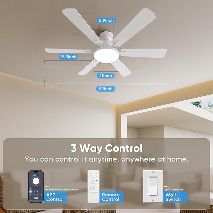 52 Inch Ceiling Fans with Lights, 6 Double Sided Blades, Ultra Quiet Reversible DC Motor, Remote & APP Control, 6 Speeds, 3CCT Dimmable LED with Memory Function, Flush Mount for Living Room, White