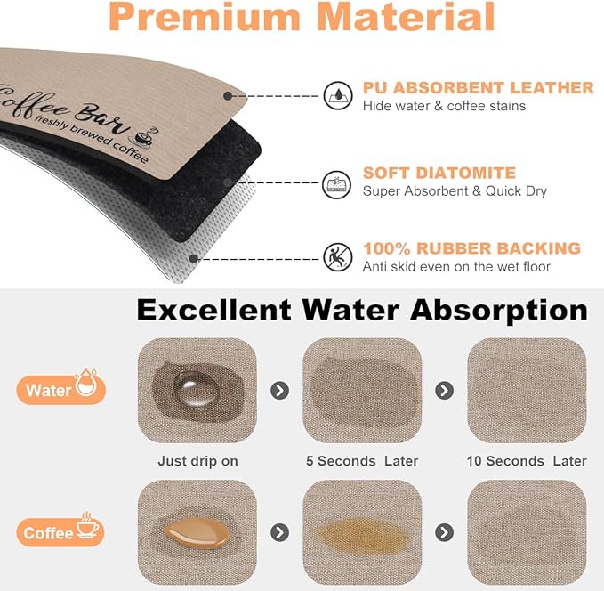 Findosom Dish Drying Mat, 16"x 24" Super Absorbent & Hide Stain Coffee Mat, Cuttable Drying Mat for Kitchen Counter, Coffee Bar Accessories, Under Dish Rack, Coffee Maker, Espresso Machine, Linen