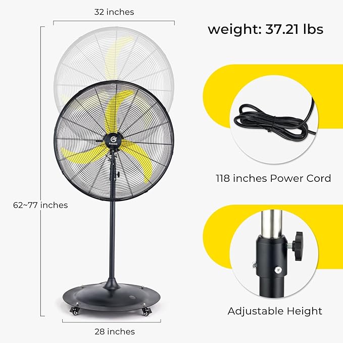FUGOO 30'' Oscillating Pedestal Fan With Brushless DC Motor, Large Air Flow range From 3200CFM to 8800CFM, 4-Speed Heavy Duty Industrial Floor Fans for Factory, Commercial, Garage, Warehouse,Shop