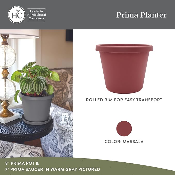 The HC Companies 6 Inch Prima Round Planter Pots with Drainage Holes and Rolled Rim, Lightweight UV-Resistant Plastic Indoor & Outdoor Planters, 4-Pack Flower Pots for Garden & Home Decor, Marsala