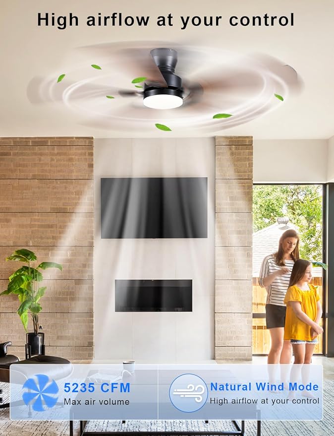 Ceiling Fans with Lights, 52'' Low Profile Ceiling Fan with Light and Remote/APP Control, Modern Flush Mount Ceiling Fan for Indoor Bedroom Living Room, Dimmable, Qiuet DC Motor, Brown