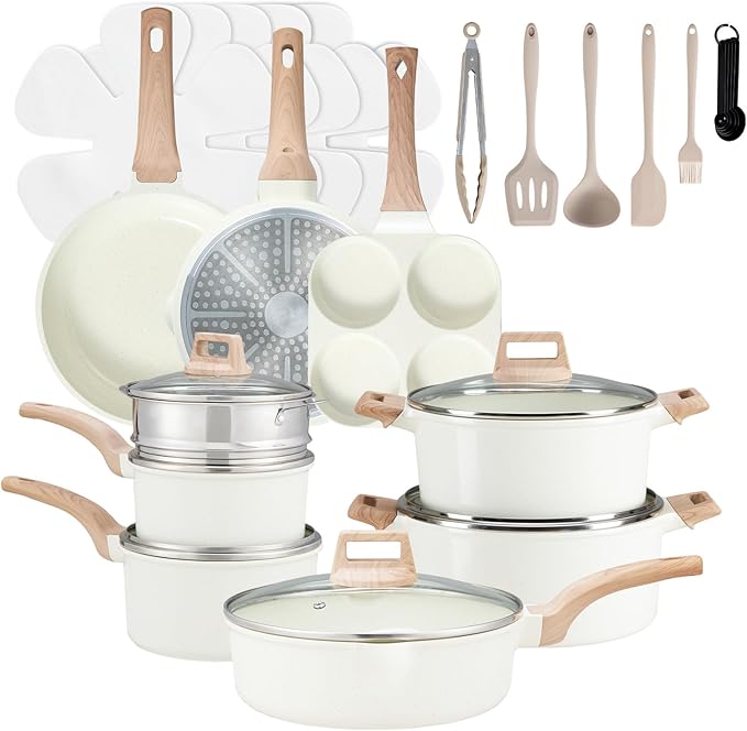 Sweetcrispy Pots and Pans Set, 25 Pcs Nonstick Cookware Set, Induction Kitchen Cooking Set, Non-Toxic Frying Pans & Saucepans (PFOA/PFOS Free) Beige