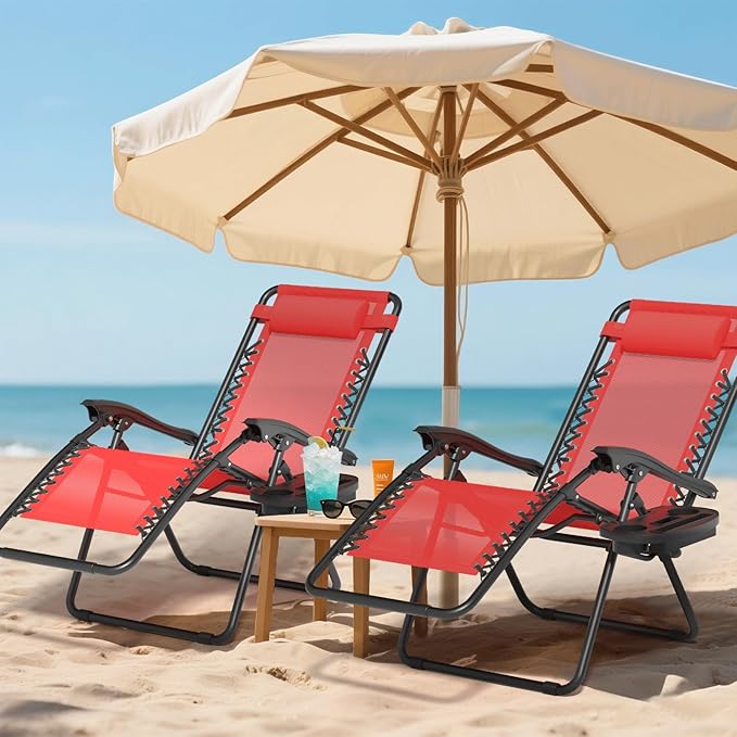 Zero Gravity Chair, Portable Outdoor Chair, Reclining Patio Lounge Chair with Adjustable Pillow and Cup Holder Trays for Outdoor, Patio, Beach, Camping, Garden, Poolside, 2 Pack, Red