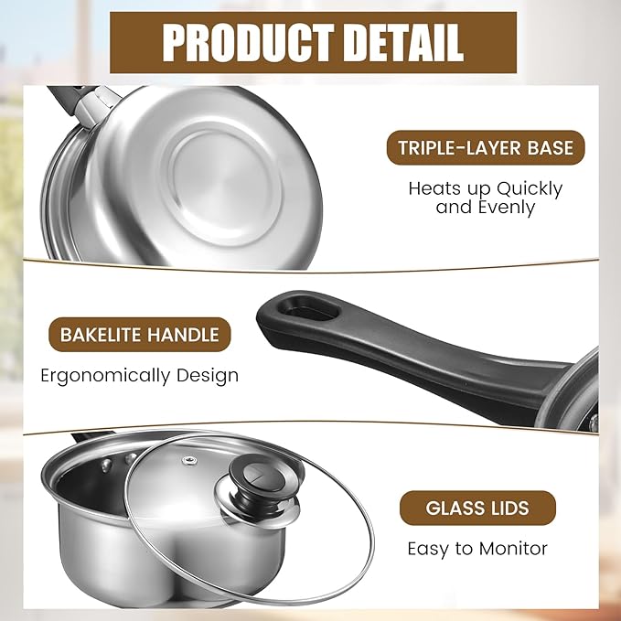 Hushee Stainless Steel Saucepan Set with Lids 8 Pcs, Sauce Pans 1QT, 2QT, 3QT, 4QT Tri-Ply Bottom Sauce Pot Set with Bakelite Handle, Induction Compatible Dishwasher & Oven Safe for Boiling Cooking