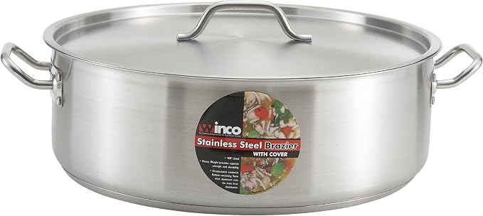 Winco 30 qt Stainless Steel Brazier with Lid | Made from extra-heavyweight 6mm thick 3003 aluminum, Great for Braising, Simmering, Batch Cooking and Restaurant Kitchens