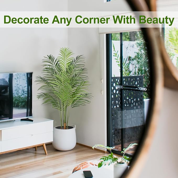 4ft Artificial Palm Tree Indoor Plant Tall Fake Tropical Paradise Palm Tree in Pot with Real Bark Design Faux Areca Palm Tree for Home Office Living Room Bedroom Farmhouse Modern Decor 1pcs