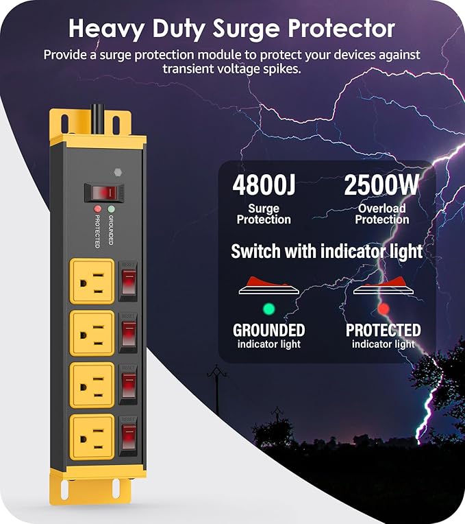 CCCEI Heavy Duty Surge Protector Power Strip 20 Amp Individual Switches. 4FT 12 Gauge Extension Cord with Multiple Outlets. Kitchen, Garage, Shop, Industrial Wall Mount Electric Extender, Yellow.